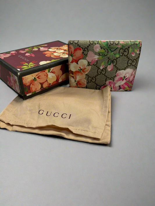Gucci  GG Supreme Monogram Blooms Card Case Wallet Beige Multicolor Dry Rose