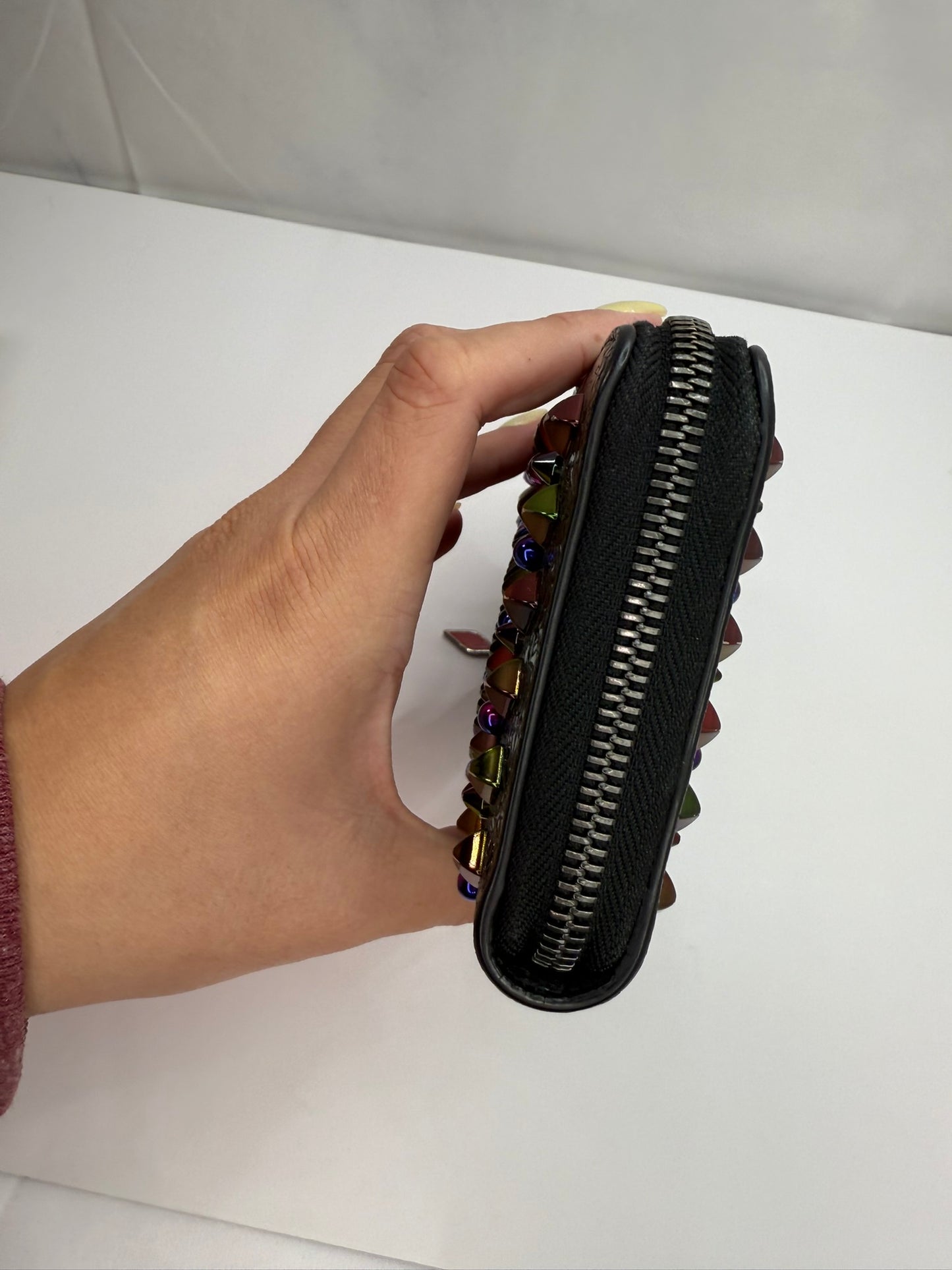 CHRISTIAN LOUBOUTIN Black Leather Multicolor Spikes Round Zip Wallet