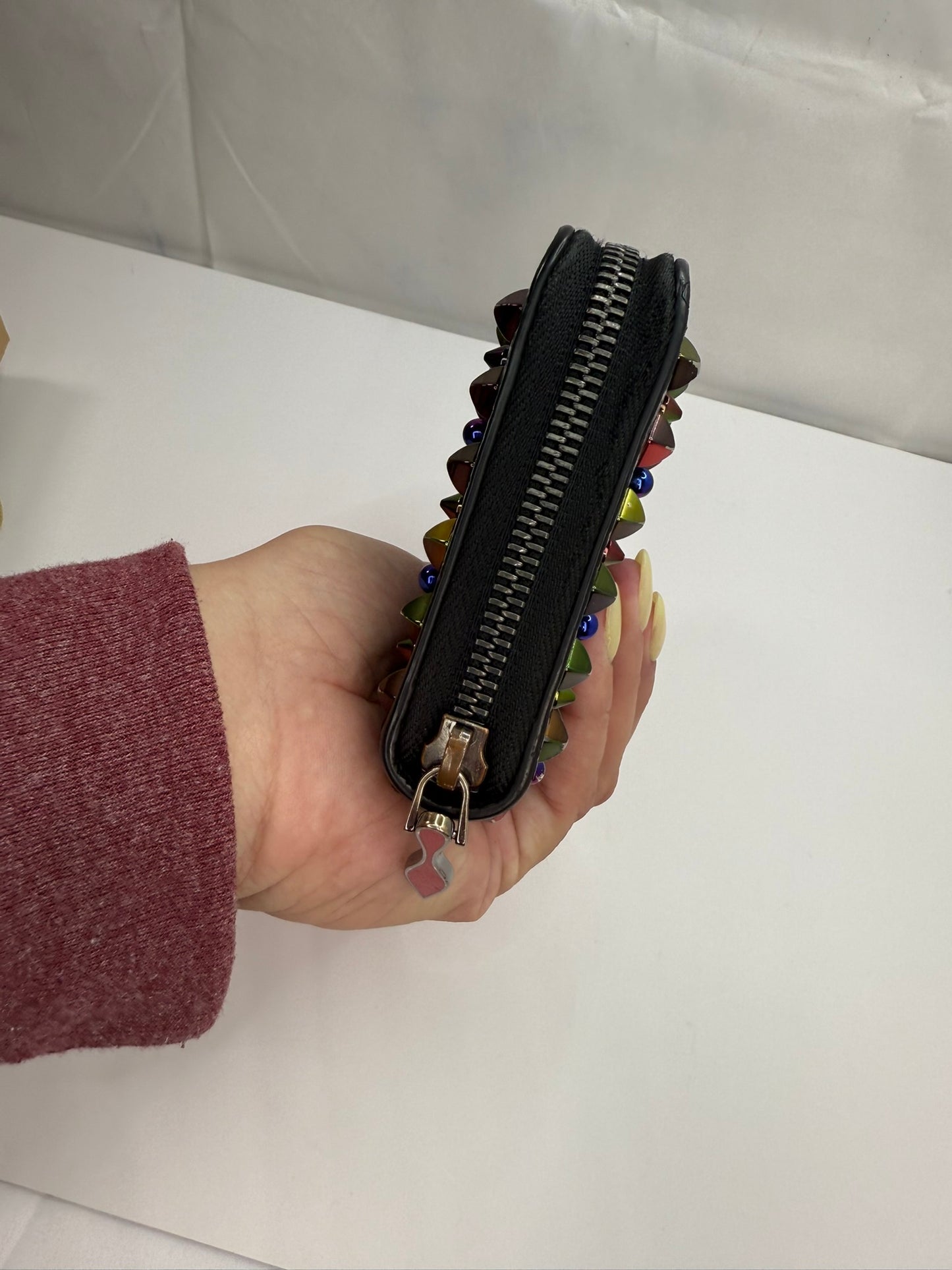 CHRISTIAN LOUBOUTIN Black Leather Multicolor Spikes Round Zip Wallet