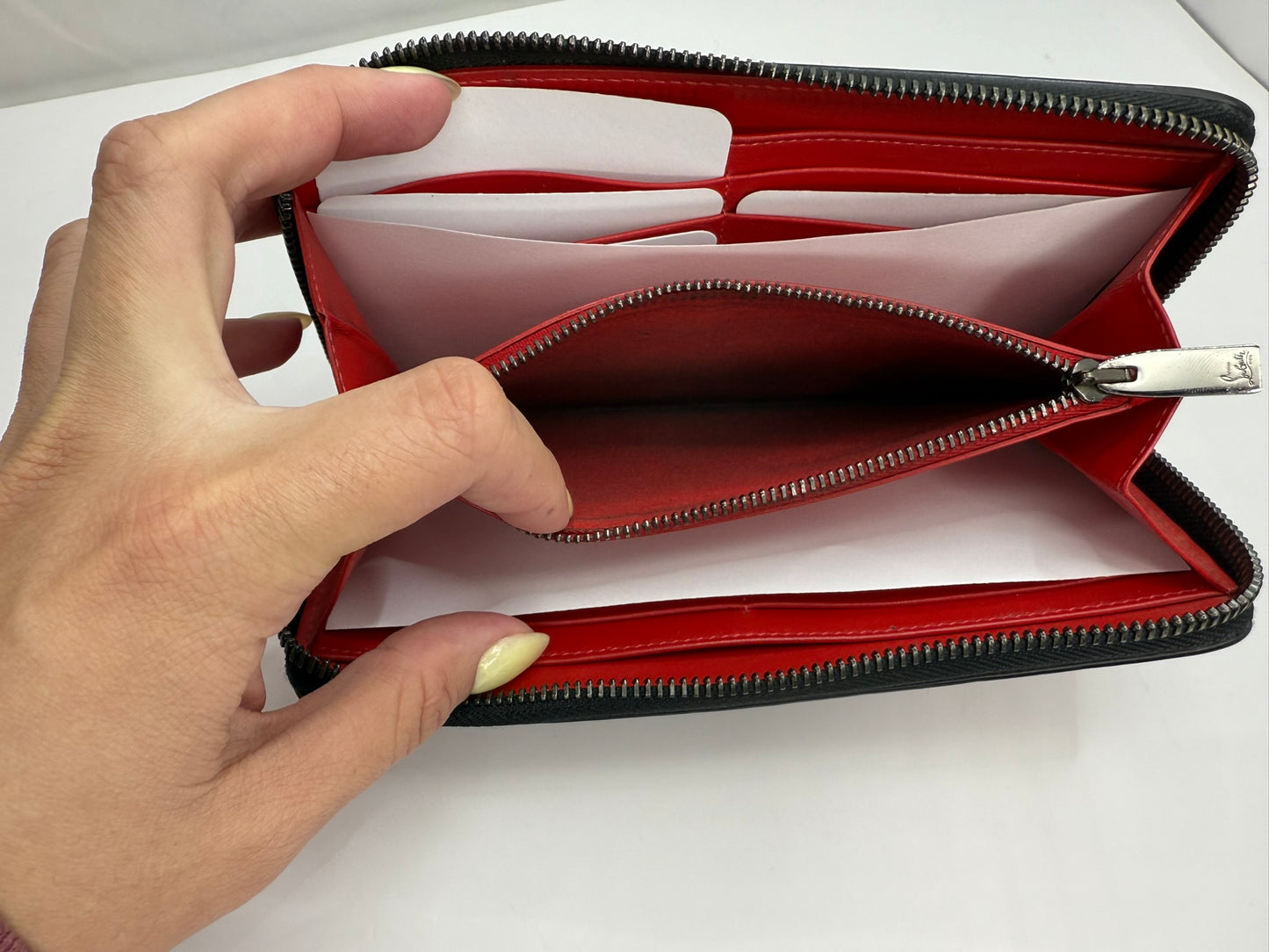 CHRISTIAN LOUBOUTIN Black Leather Multicolor Spikes Round Zip Wallet
