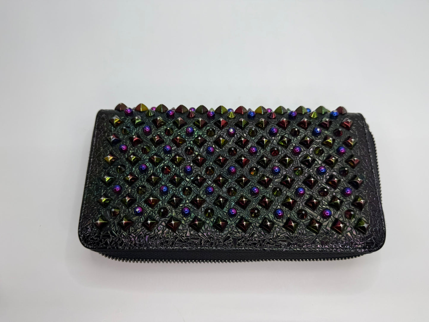 CHRISTIAN LOUBOUTIN Black Leather Multicolor Spikes Round Zip Wallet