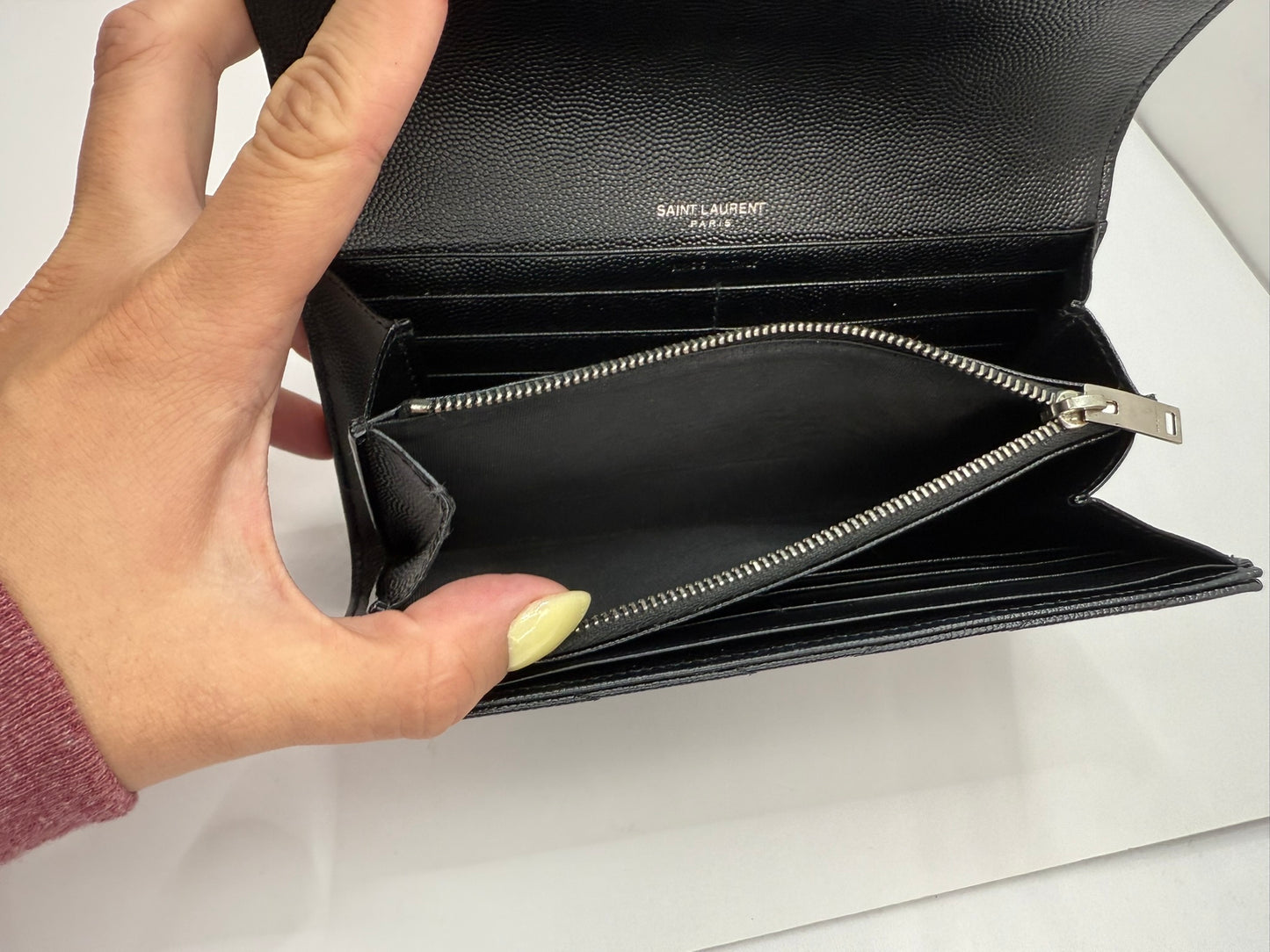 SAINT LAURENT Grain De Poudre Matelasse Chevron Monogram Flap Wallet Black