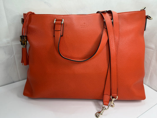 GUCCI Dark Orange Pebbled Leather Bamboo Tassel Tote