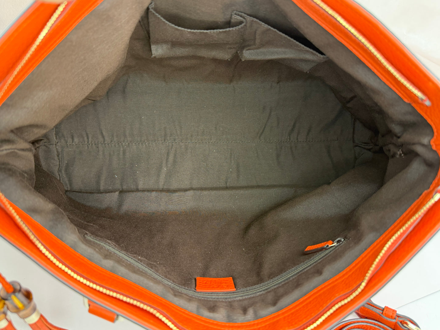 GUCCI Dark Orange Pebbled Leather Bamboo Tassel Tote