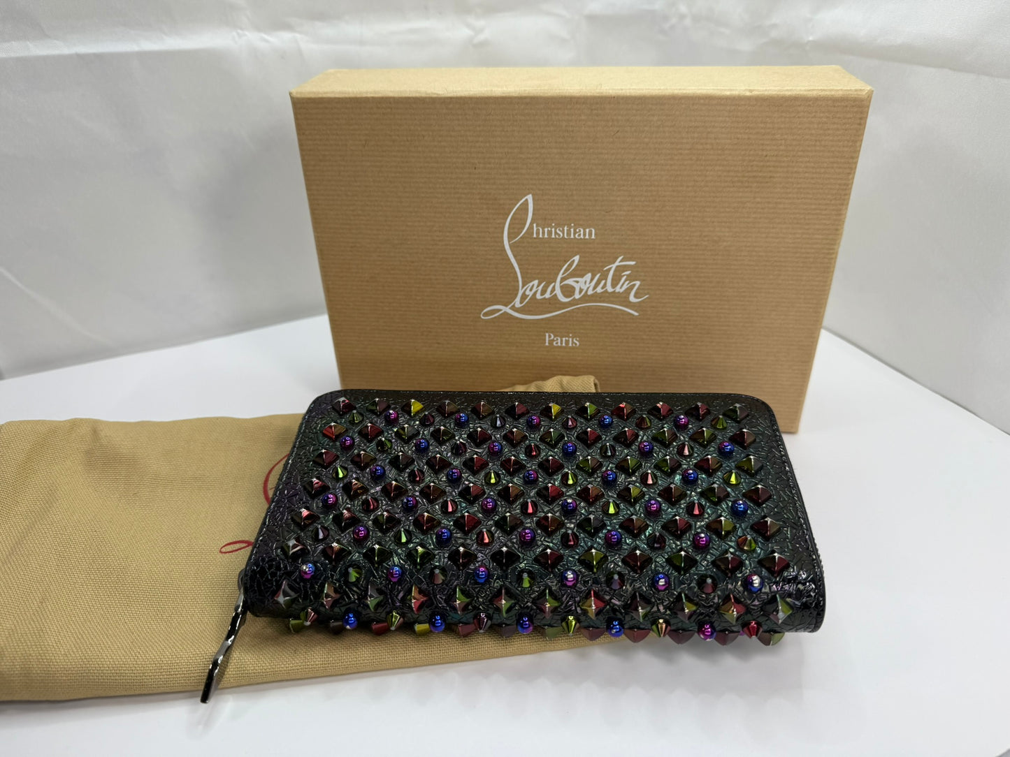 CHRISTIAN LOUBOUTIN Black Leather Multicolor Spikes Round Zip Wallet