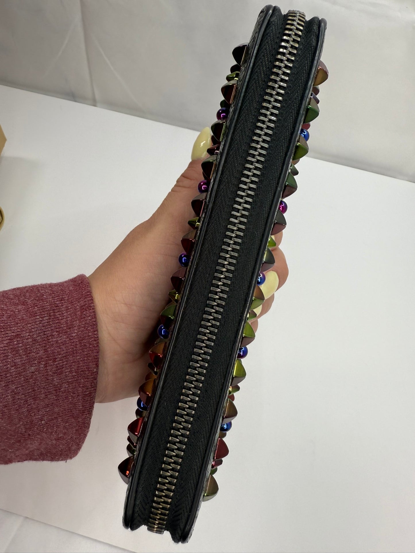 CHRISTIAN LOUBOUTIN Black Leather Multicolor Spikes Round Zip Wallet